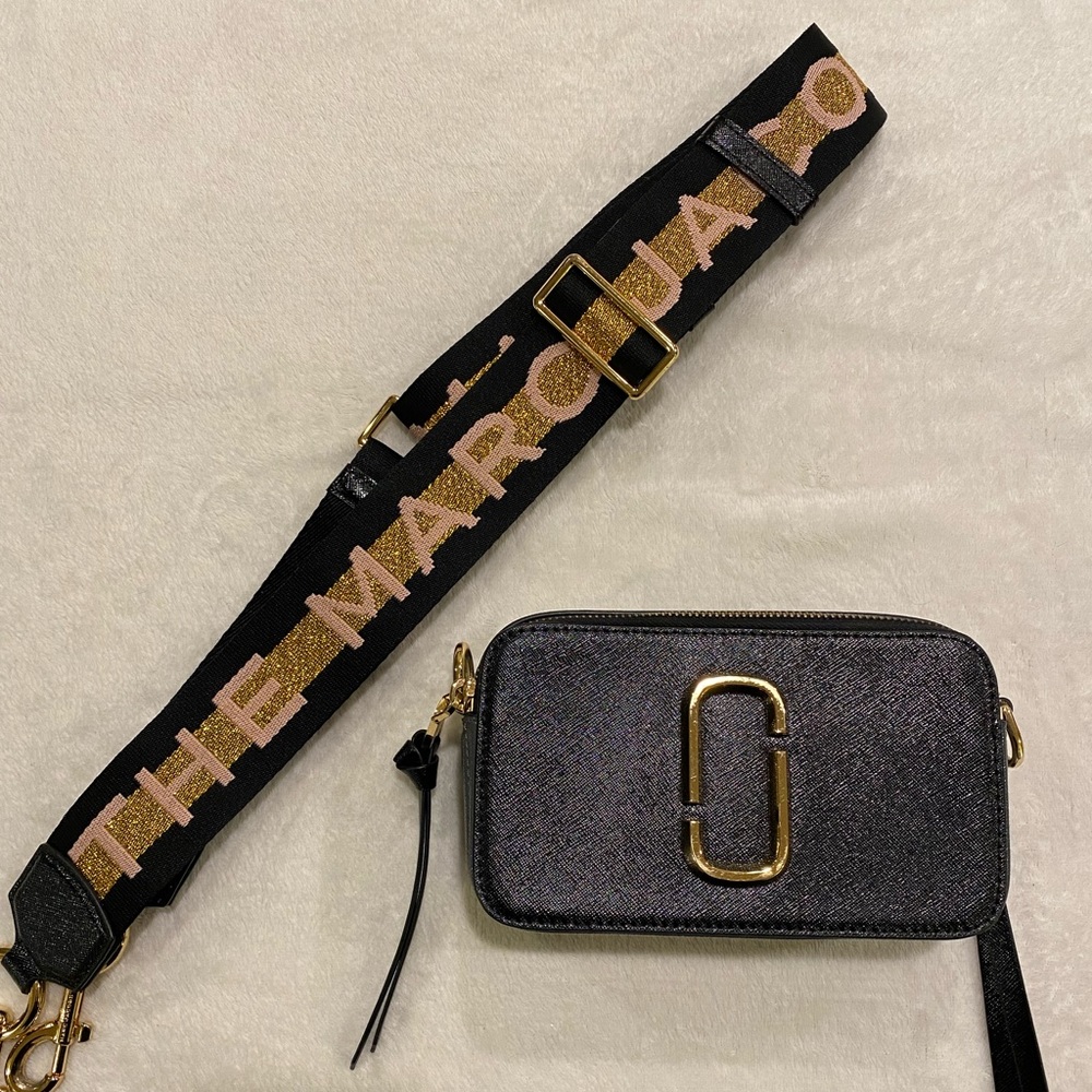Marc Jacobs Black Camera Crossbody Bag with Gold Hardware and Branded Strap